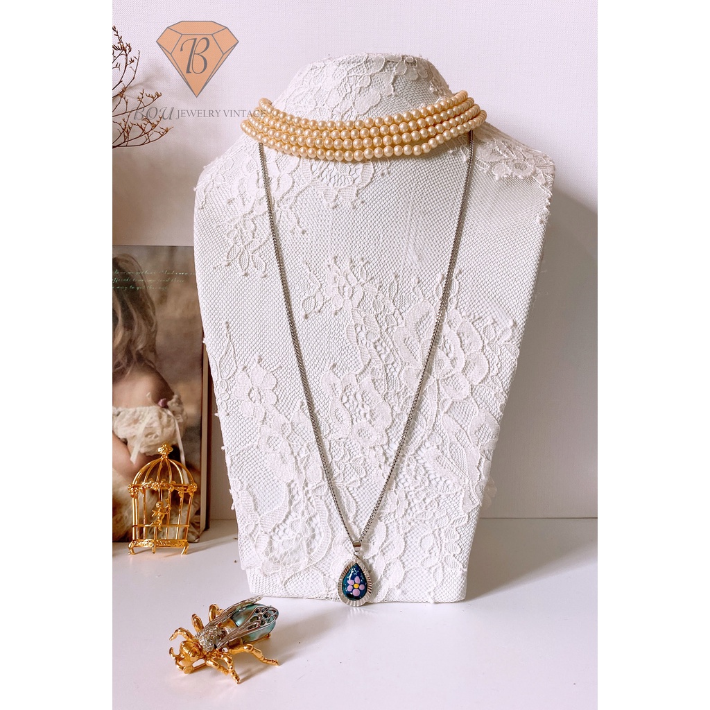 DÂY CHUYỀN MẶT GỐM HOA SECONDHAND TRANG SỨC SI NHẬT BẢN BOU JEWELRY VINTAGE MÃ VC193