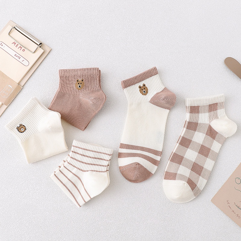 Tất vớ nữ cotton cổ ngắn tiết gấu nâu vàng kem phong cách Hàn Quốc dễ thương