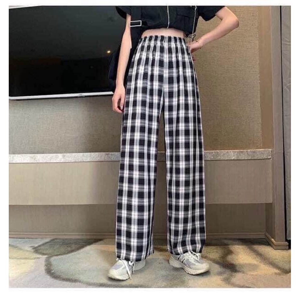 [rẻ vô địch] Quần cul ống rộng kẻ sọc caro cạp cao cúc giả - quần ống sớ kẻ caro nữ