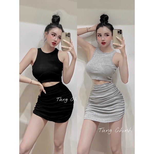 [HÀNG CHUẨN] Set bộ áo ba lỗ chân váy nhún hông sẵn mút ngực siêu xinh