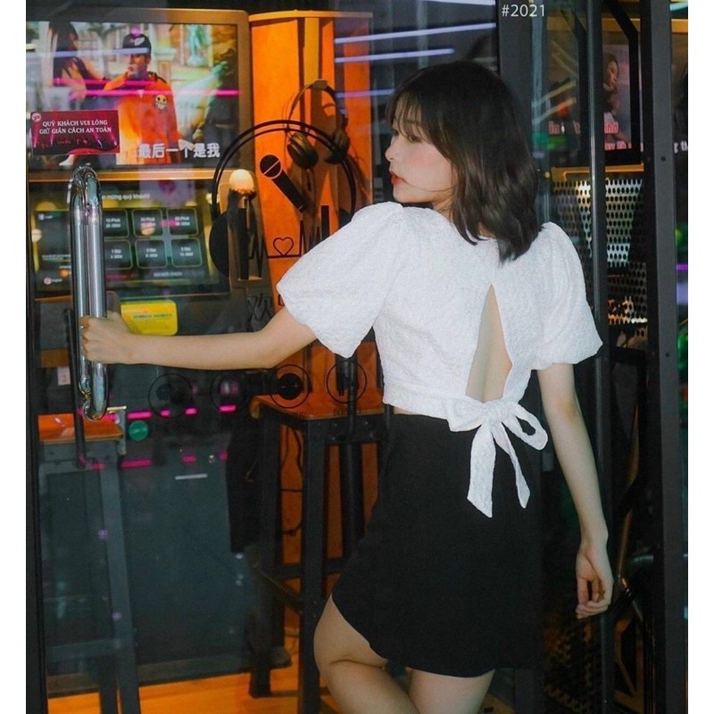 ✔ÁO XỐP CỔ VUÔNG TRẮNG NƠ LƯNG