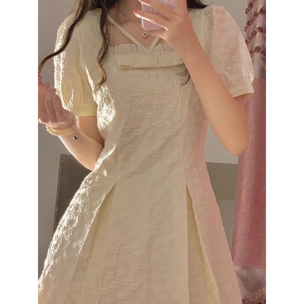 Đầm Chữ A Tay Phồng Cổ Vuông Thời Trang retro Pháp Cho Nữ