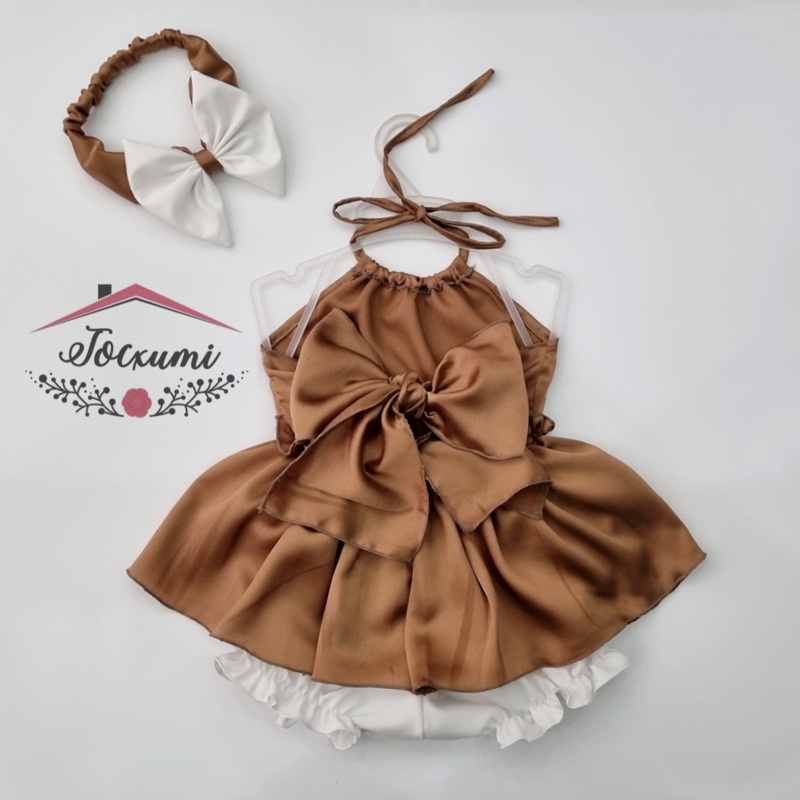 Set bộ yếm lụa nơ lưng nâu tây cao cấp siêu cưng - Tocxumi
