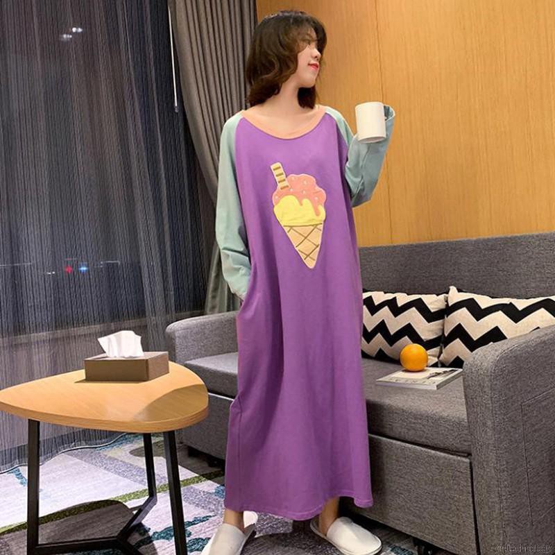 Fashion Stitching Color Cartoon Print Long-sleeved Loose Casual Nightdress | BigBuy360 - bigbuy360.vn