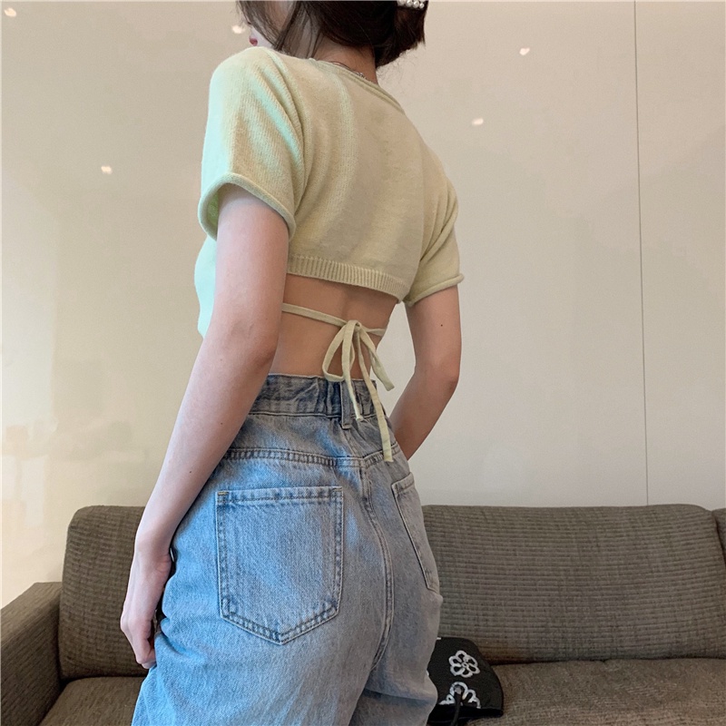 Áo Croptop Dệt Kim Tay Ngắn Thắt Nơ Sau Lưng Thời Trang Hè Phong Cách Hàn Quốc 3 Màu Tùy Chọn Cho Nữ Xiaozhainv