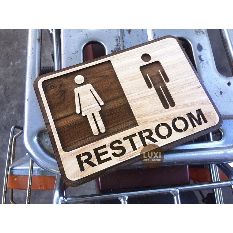 HCM | Bảng Restroom dán tường, Bảng gỗ decor dán tường nhà vệ sinh LUXI DECOR HCM