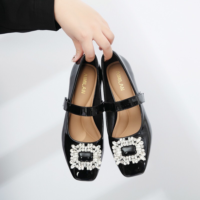 Giày Nữ Mũi Vuông 3.5cm Đính Đá Quai Dán, Giày cao gót thời trang 2022 mã V18