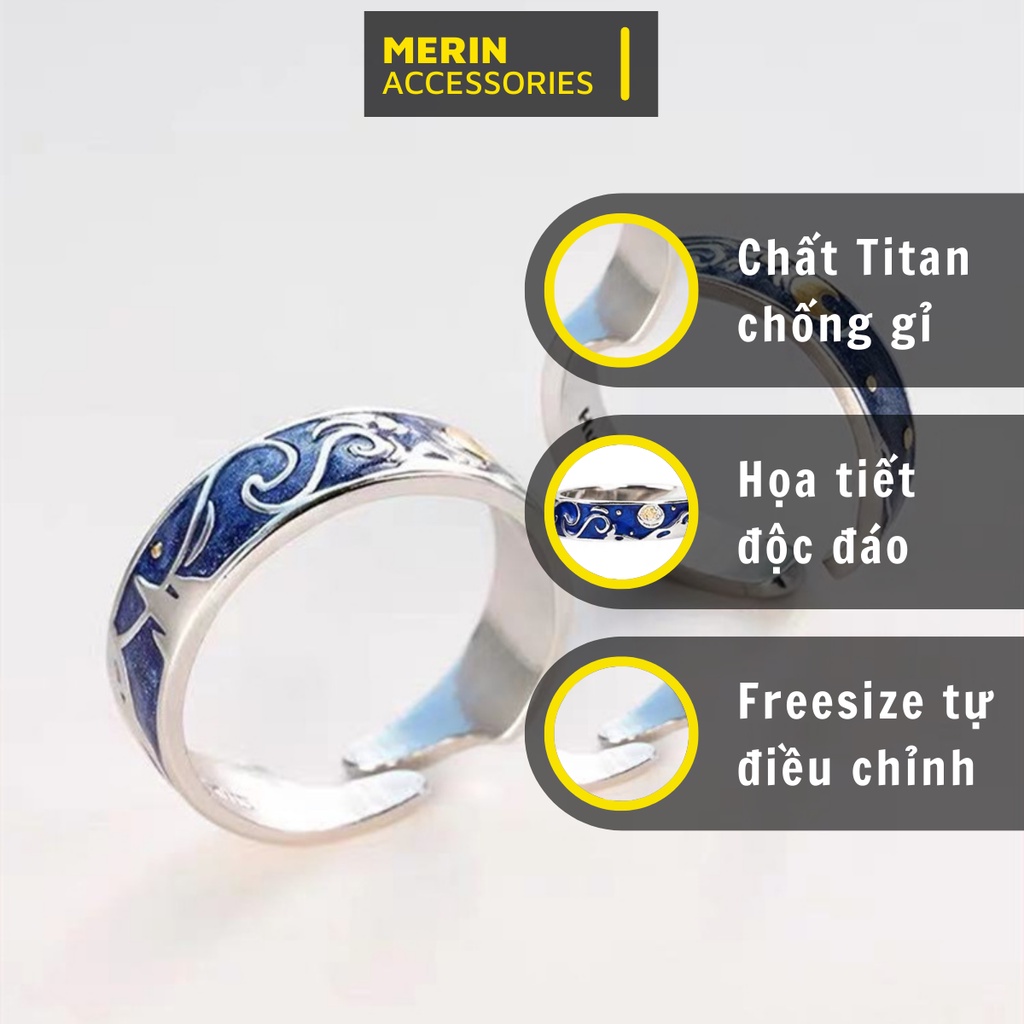 Nhẫn nam nữ tròn Merin Accessories màu bạc thời trang chất Titan đẹp đơn giản không gỉ - Nhẫn Đôi VanGogh (1 đôi)