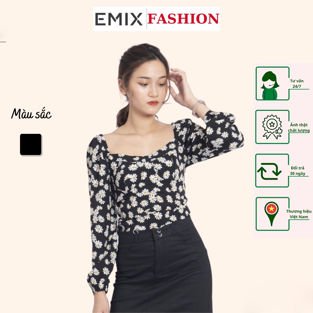 Áo croptop hoa cúc EMIX (màu đen), dáng ngắn, cổ vuông, dài tay, tay bồng, ưng chun, chất lụa voan mềm mịn