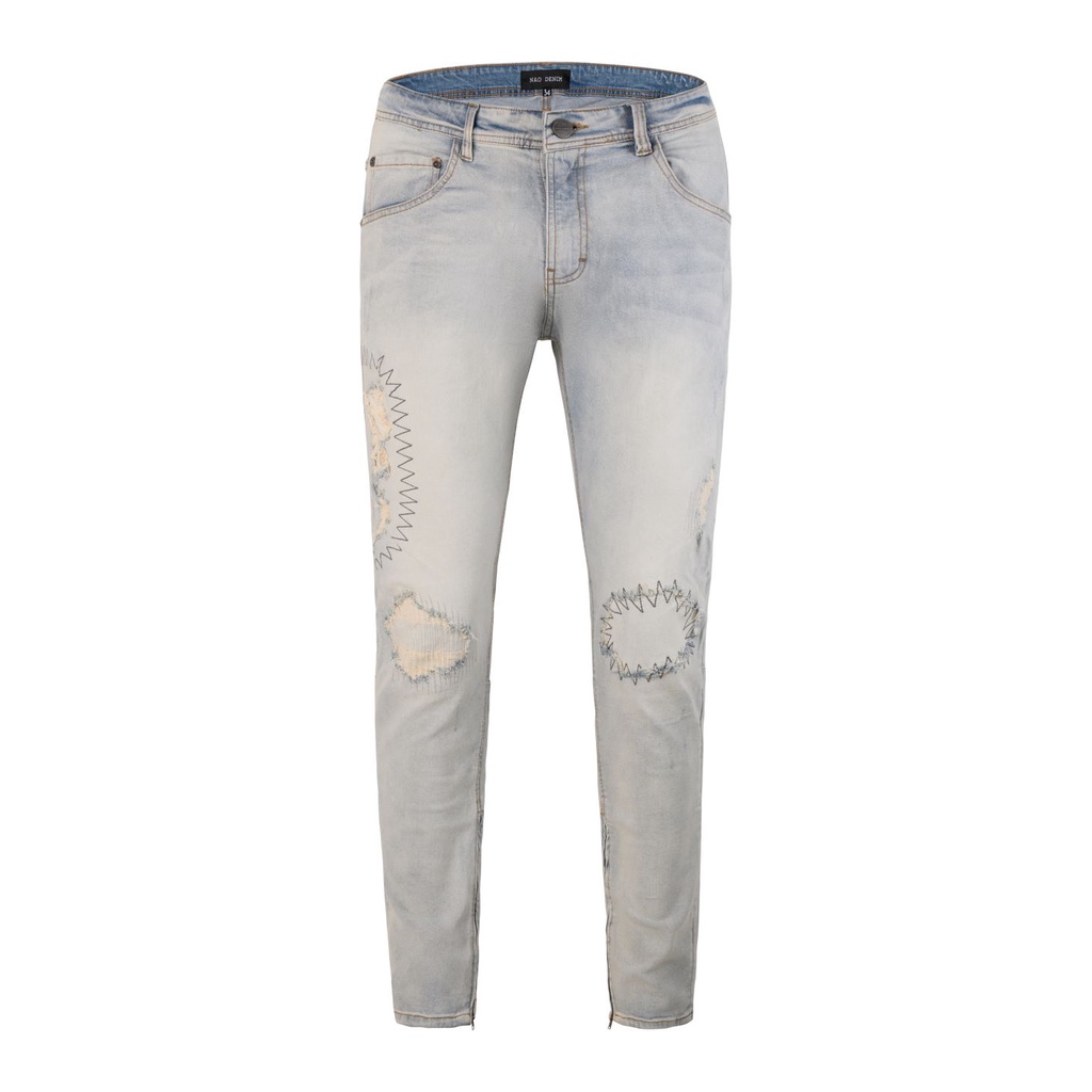 Quần jean nam cao cấp streetwear màu xanh sáng rách thêu form slimfit chất jean co giãn thoải mái.