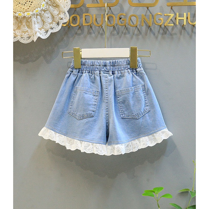 Quần Short Denim Dáng Rộng Viền Ren Phong Cách Hàn Quốc Thời Trang Mùa Hè Hàng Mới Phong Cách Hàn Quốc Cho Bé Gái