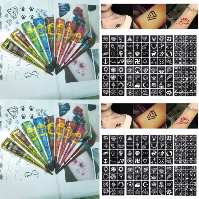 Combo 2 cây mực henna và 12 khuôn vẽ henna