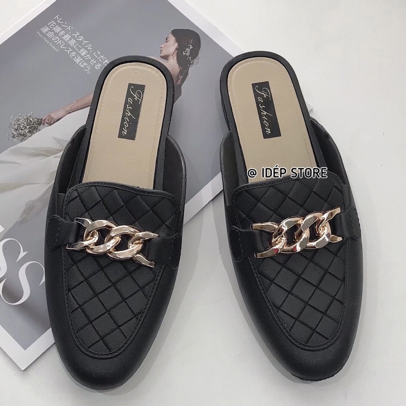 Giày sục mules nhựa lười XÍCH HOA nữ giả da cao 2cm đi mưa đi làm chống trơn Maipy - SL042