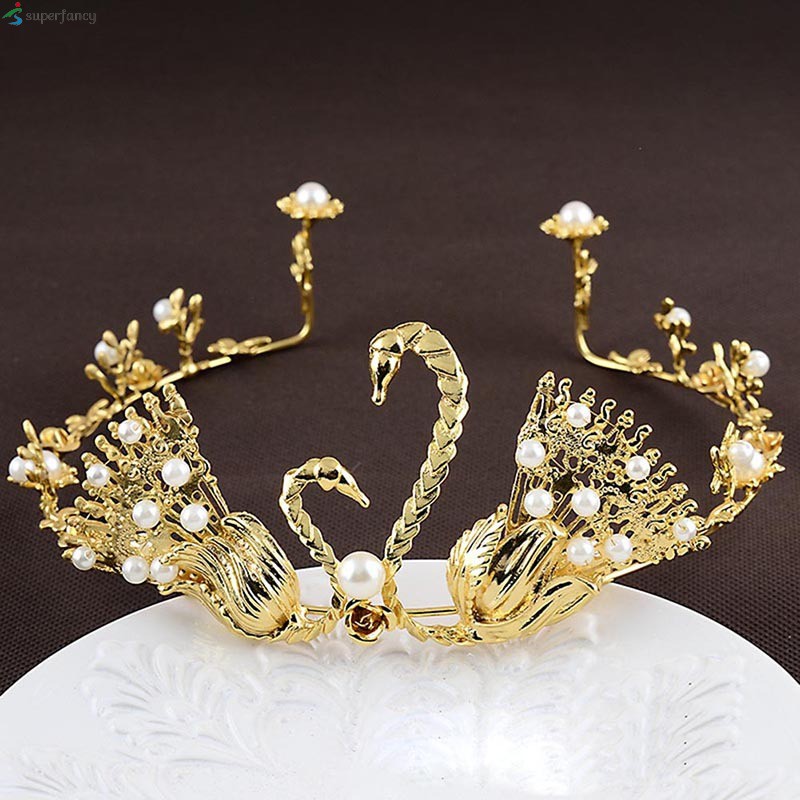 Vintage Bride Crown Women Swan Beads Decor Headdress Shining Princess Wedding Crown