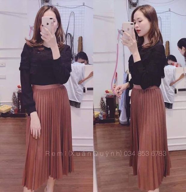 Chân váy dập li ánh nhũ hàng QC