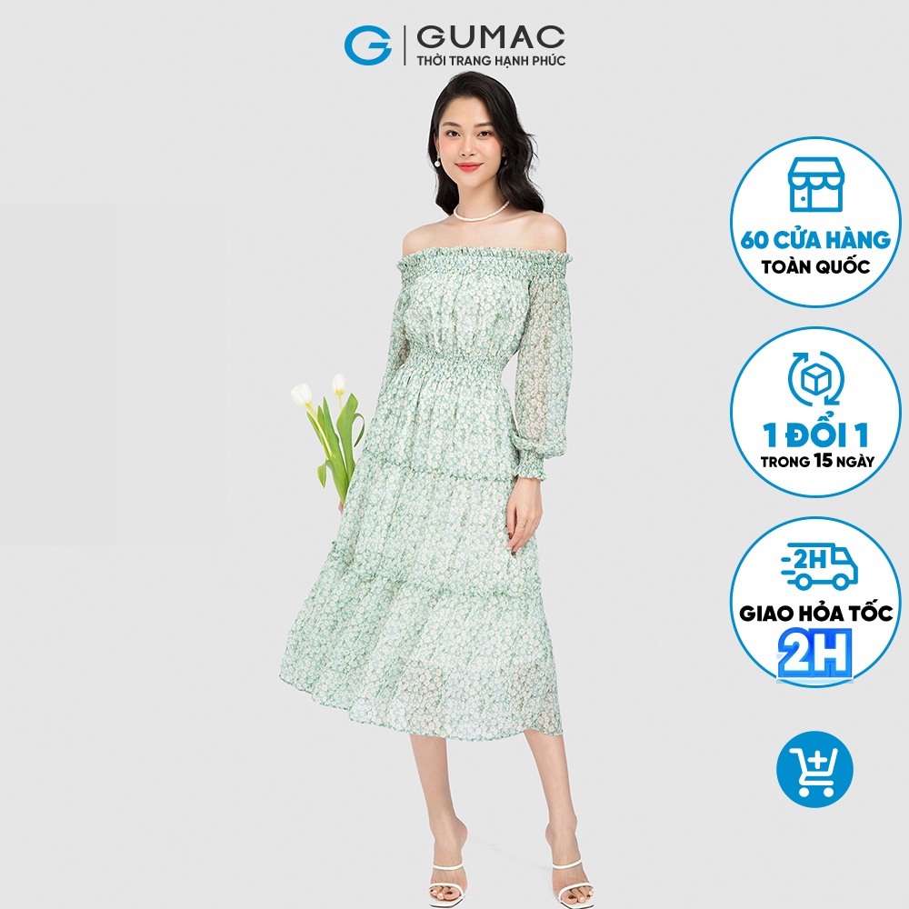 Đầm nữ maxi dáng xòe nữ GUMAC trễ vai tay dài phong cách vintage DC08059