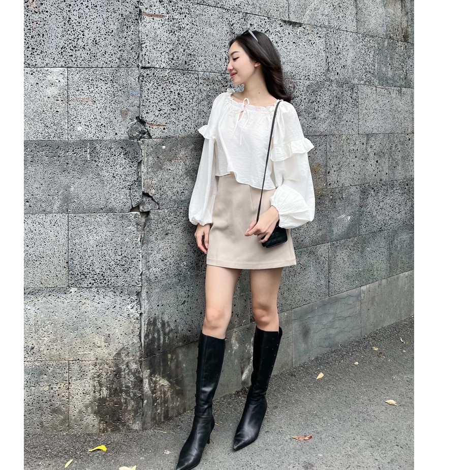Anniegals - Áo trắng tay phồng cột nơ ngực - Jennie Blouse
