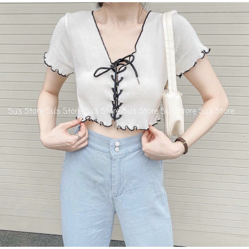 Áo Croptop Viền Chỉ Cổ V Phối Dây Cột - [Ảnh thật cuối] - A5008 | BigBuy360 - bigbuy360.vn