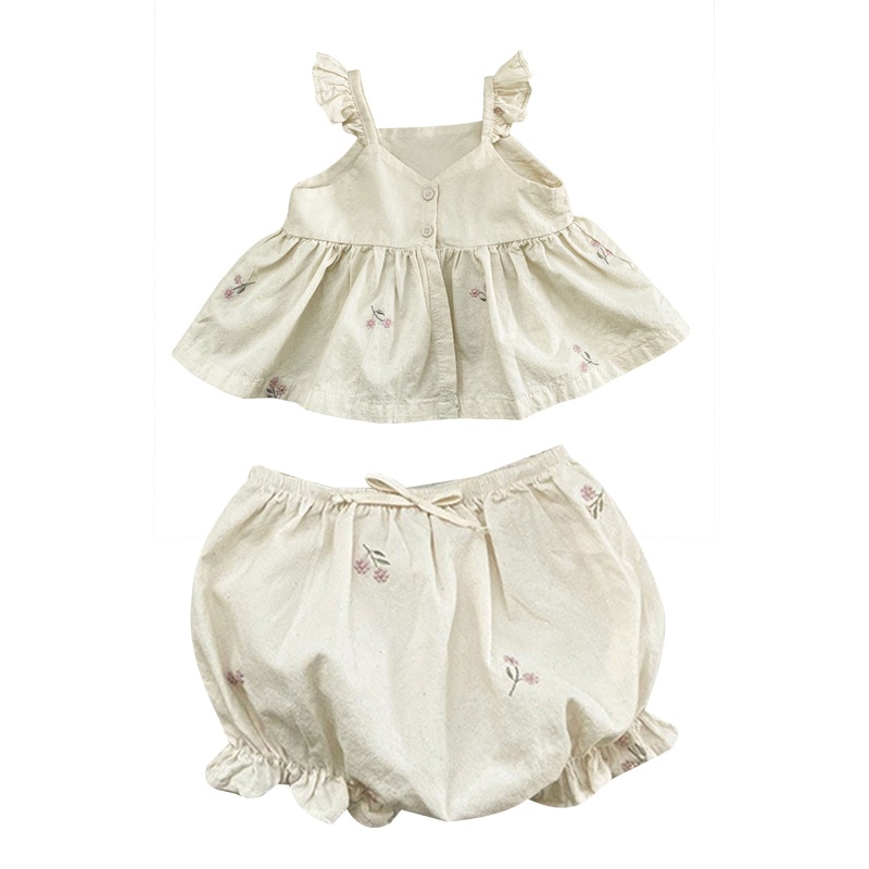Set Áo Hở Vai Thêu Họa Tiết Phối Quần Short Thời Trang Xinh Xắn Cho Bé Gái