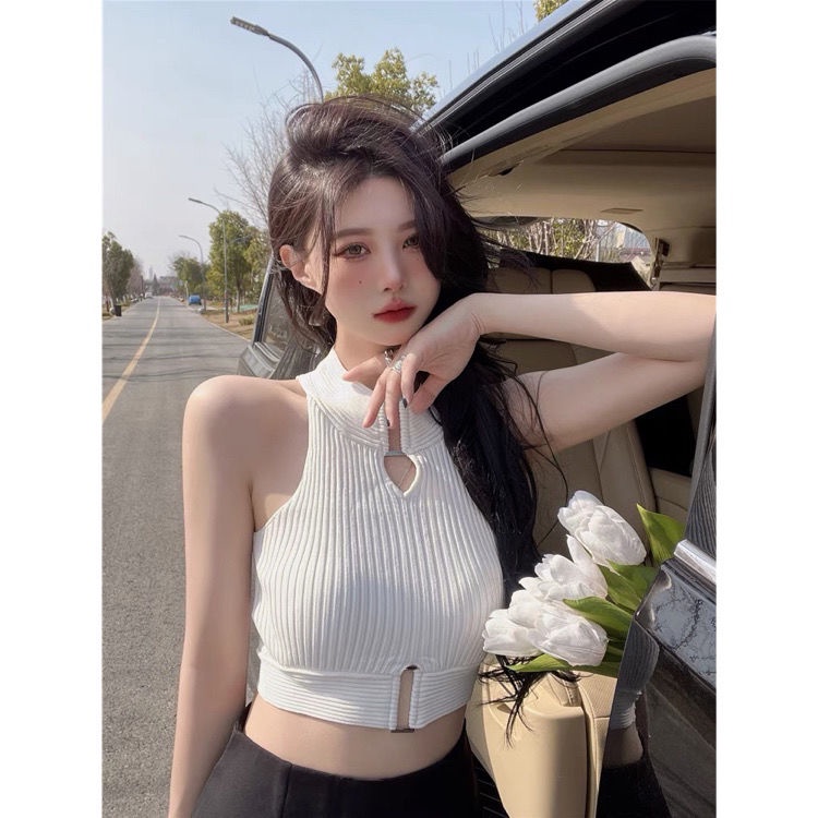 Áo Dệt Kim Hai Dây Màu Trắng Khoét Rỗng Thời Trang Mùa Hè Hàng Mới Dành Cho Bạn Nữ