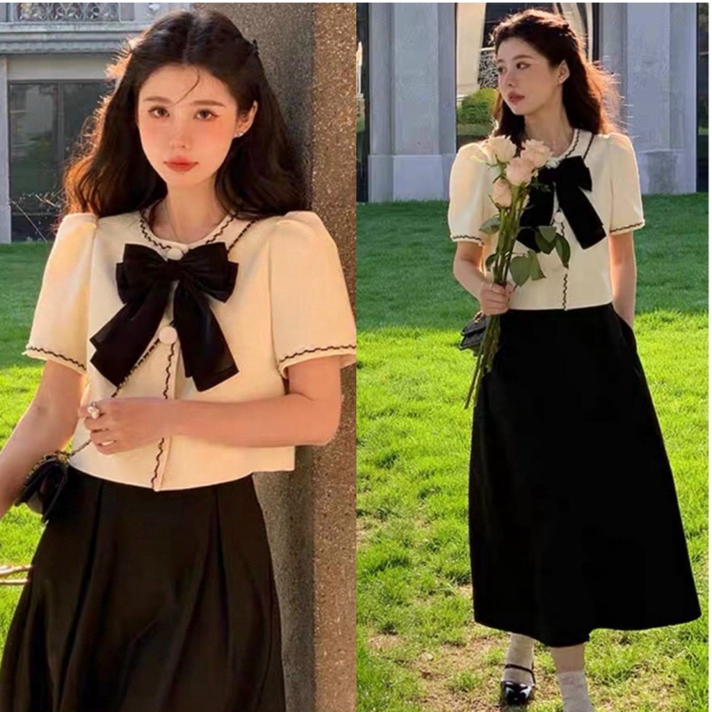 Set bộ áo croptop cổ viền cài nút chất dày dặn, chân váy dài dễ thương