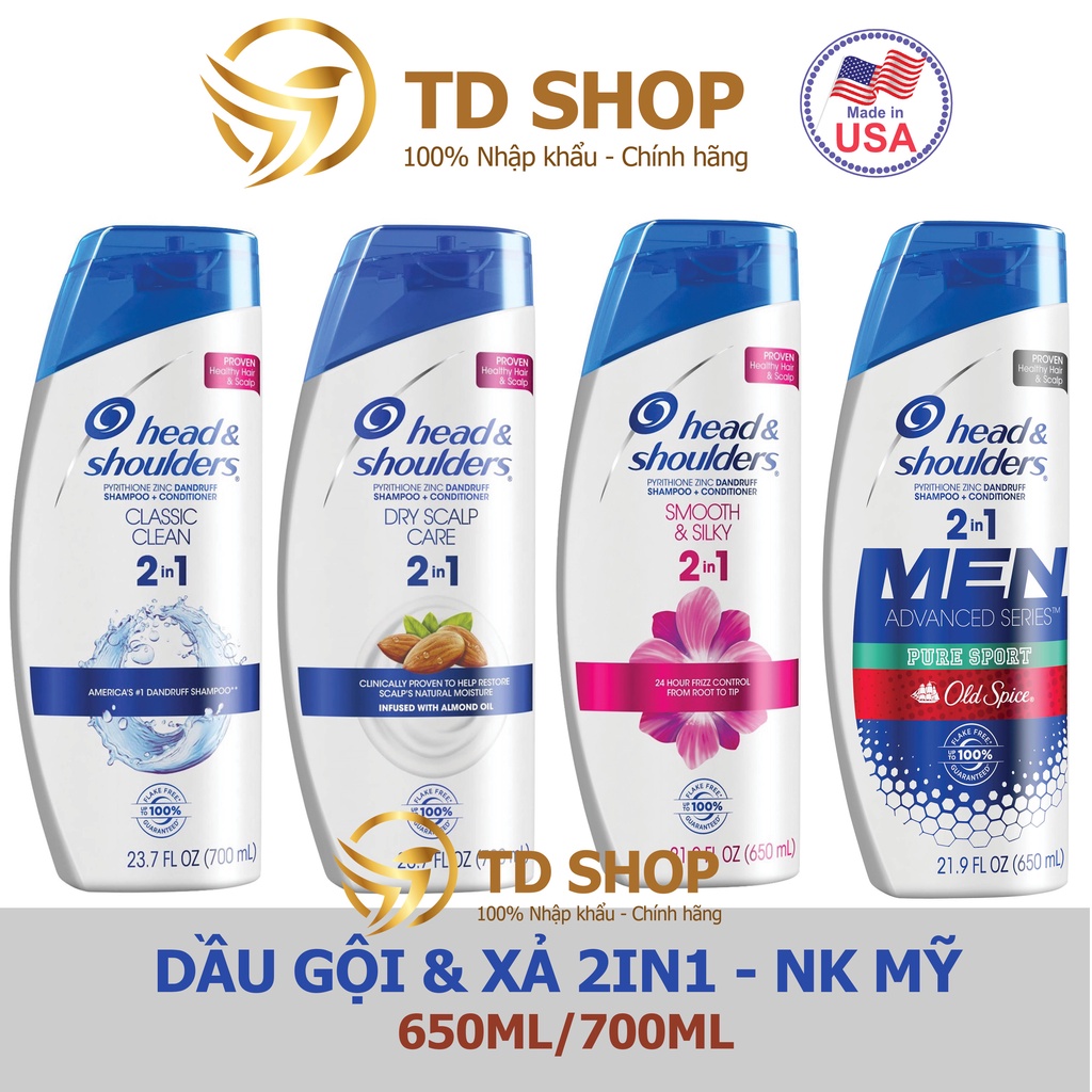 [NK Mỹ] Dầu gội và xả 2in1 Head&amp;Shoulders 700ml nhập Mỹ Classic clean I Hạnh Nhân I Smooth&amp;Silky  - TD Shop