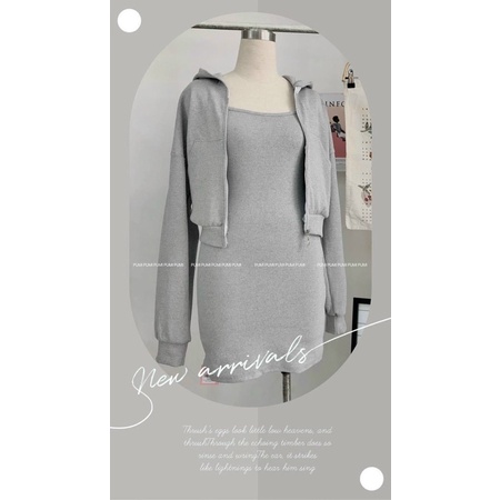 Set Đầm Body Xám 2 Dây Kèm Áo Khoác Croptop Ulzzang