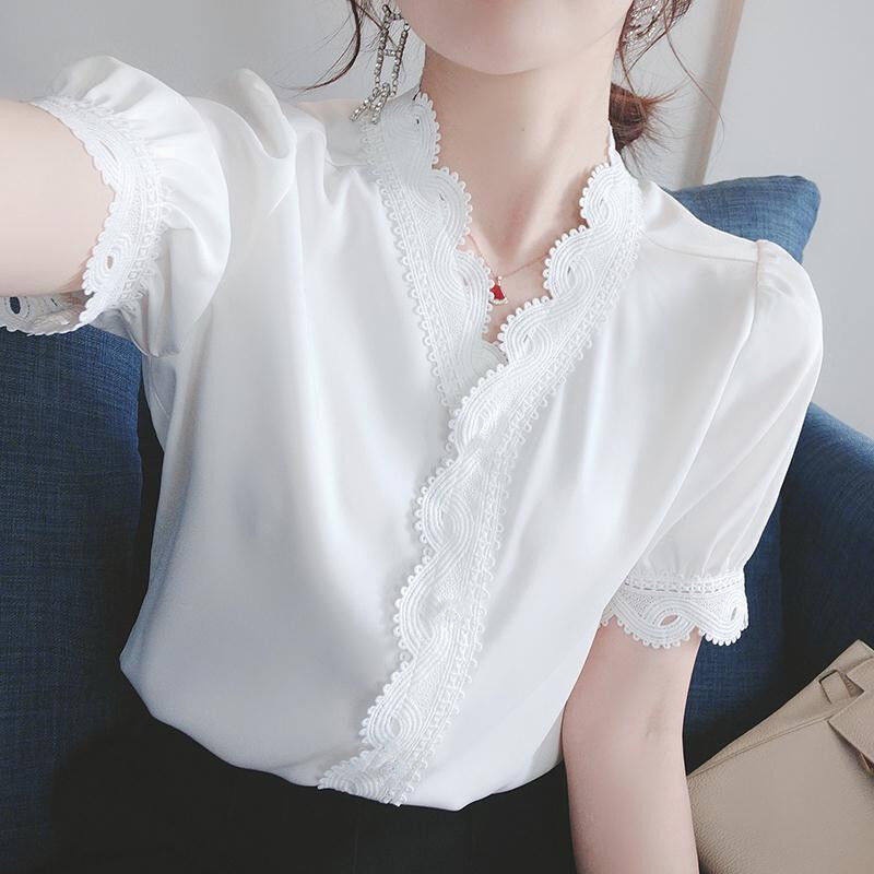 Áo Sơ Mi Trắng Tay Ngắn Cổ Chữ V Thời Trang Mùa Hè Dành Cho Nữ