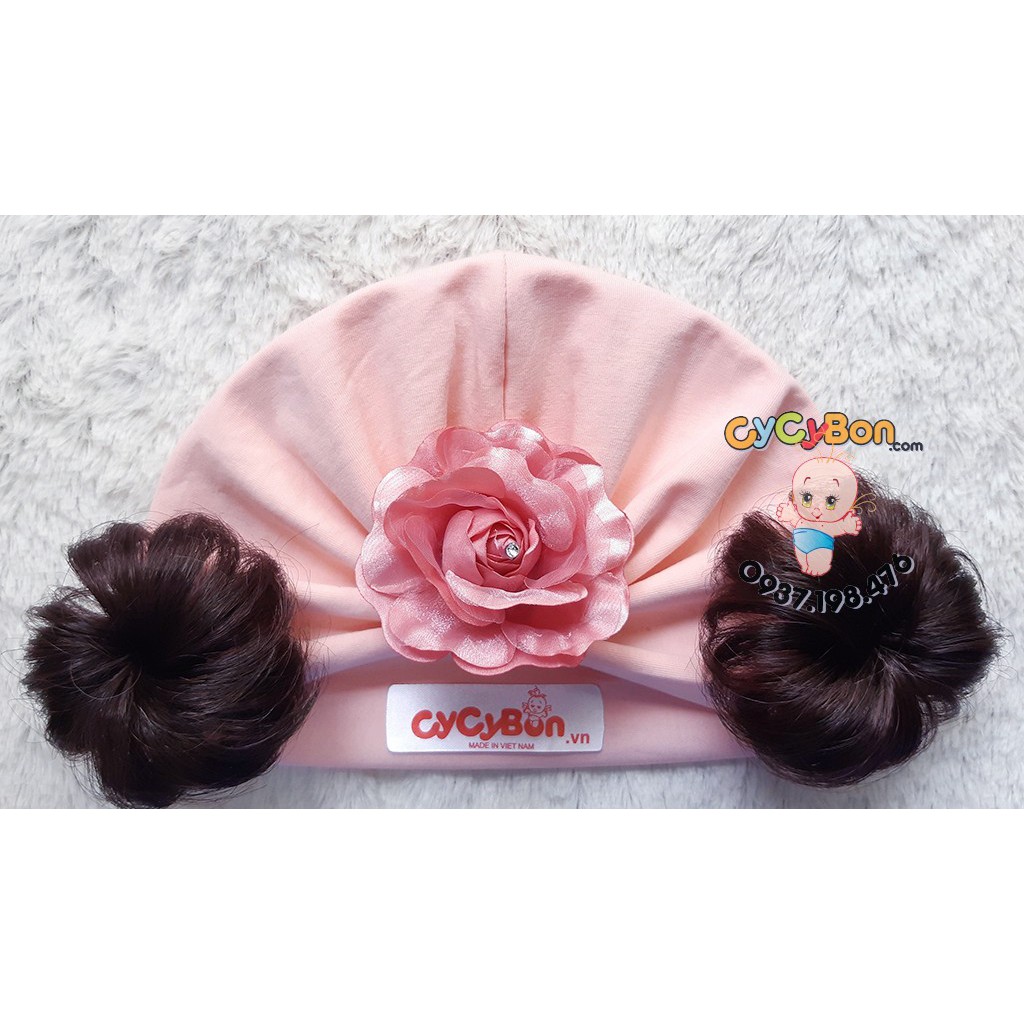 Mũ Nón Turban Tóc Giả Cho Bé Gái Màu Hồng Da Đính Bông Ruốc -Chất Vải Cotton Co Giãn,Có Size Cho Bé Sơ Sinh!