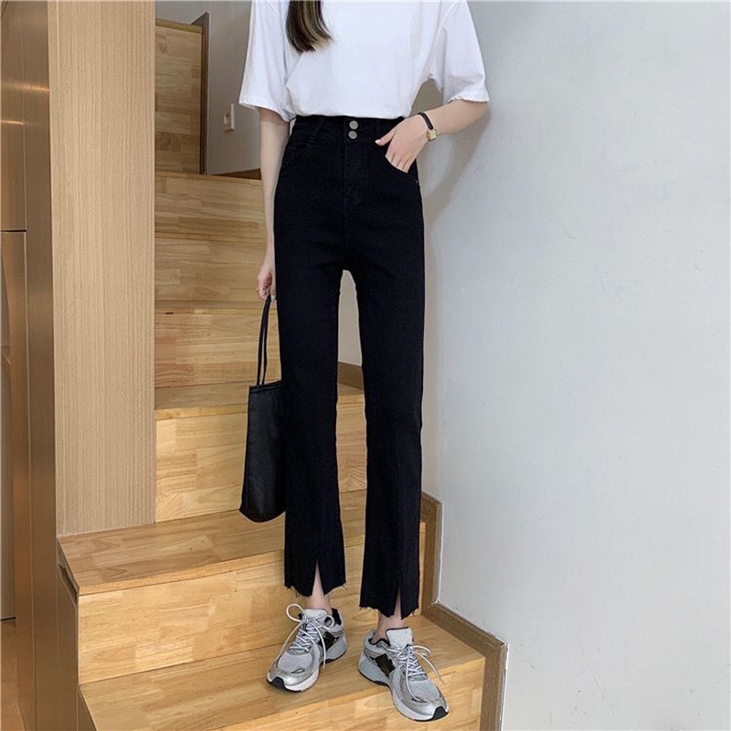 Quần jean IELGY cắt gấu xẻ tà cạp cao nút cài đôi size lớn cho nữ