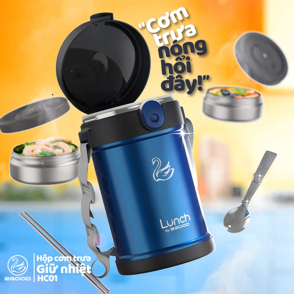 Hộp Cơm Giữ Nhiệt 2GOOD HC01 (2.0L) - Chống trào, Kèm Túi-Đũa-Thìa, Bảo Hành 5 năm, Khoá thông minh