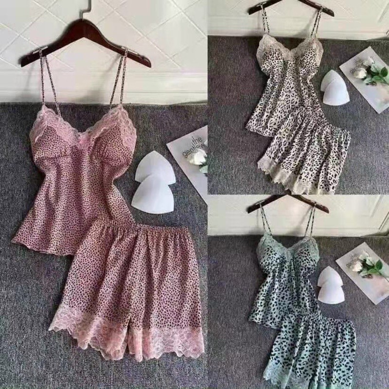 Bộ lụa satin beo hồng siêu xinh kenshop0602- đồ ngủ cao cấp  -KellyWang