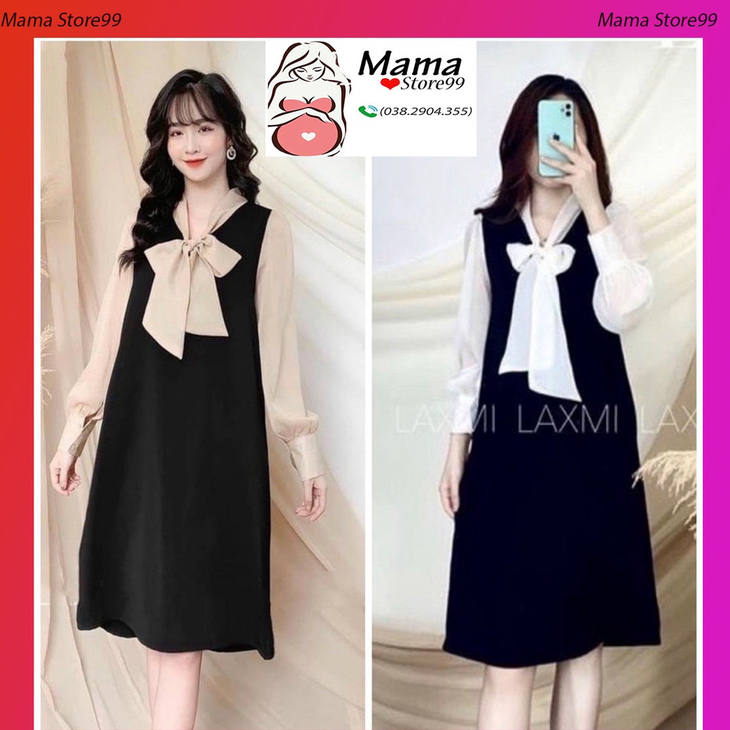Váy Bầu Thu Đông Đầm Thiết Kế Công Sở Phối Nơ Xinh Dáng Suông Tay Dài V0078 Mama Store99