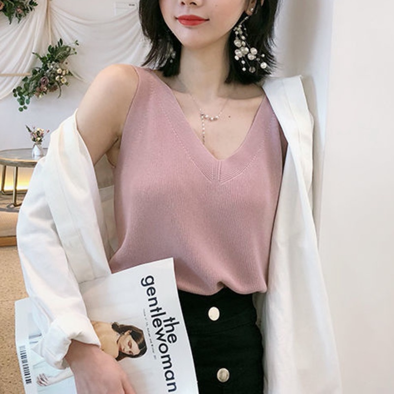 Áo Dệt Kim Sát Nách Thời Trang Cho Nữ 154320 Áo Hai Dây Cổ Chữ v Hở Lưng Form Ôm Kiểu Dáng Đơn Giản Quyến Rũ