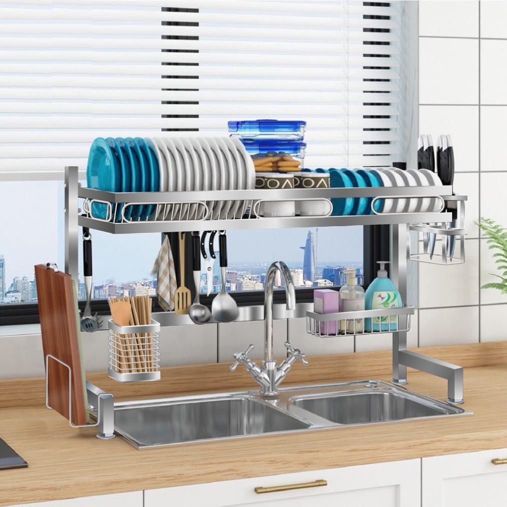 Kệ chén bát đa năng FOODCOM chất liệu inox cao cấp không han gỉ để trên bồn rửa dùng cho bồn đôi, tiết kiệm không gian