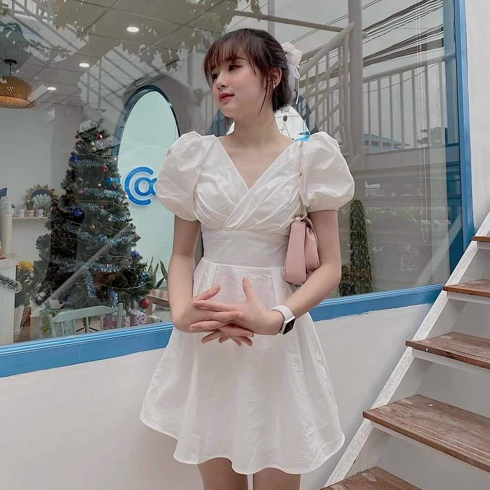 đầm lụa đan dây sau bo eo cổ V tay ngắn bồng