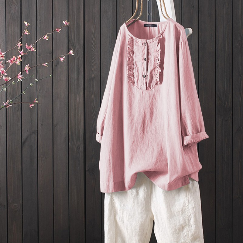 Áo Kiểu ZANZEA Dài Tay Cổ Tròn Thời Trang Hàn Cho Nữ