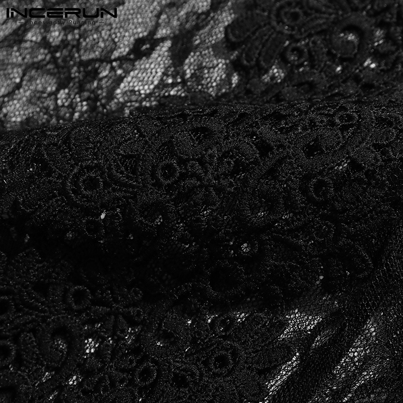 INCERUN Áo Croptop Tay Dài Phối Ren Xuyên Thấu Thời Trang Cho Nam