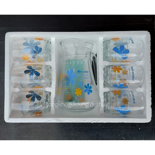 Bộ bình ly thủy tinh hoa văn ngẫu nhiên gồm bình nước 1300 ml và 6 ly thủy tinh 350 ml đáy kiểu múi