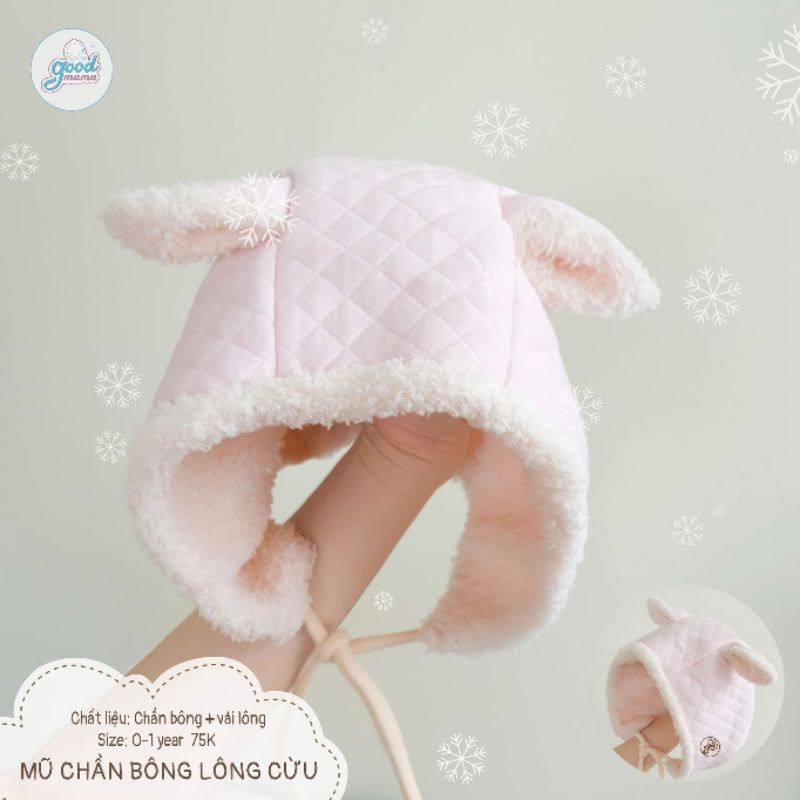 Goodmama - Mũ tai thỏ trần bông, chần bông, có lót lông cho bé 0-1y