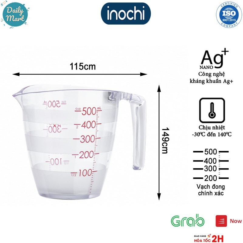 Cốc đong Inochi size 200ml và 500ml chia vạch, chịu nhiệt độ cao