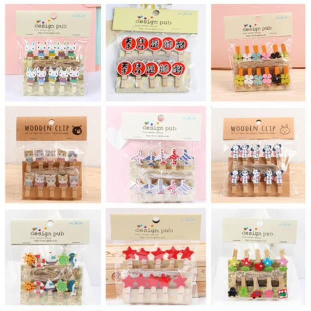 Gói 10 kẹp gỗ 3,5x0,7 treo ảnh size kèm 2m dây vô vàn mẫu kute (giao mẫu ngẫu nhiên)