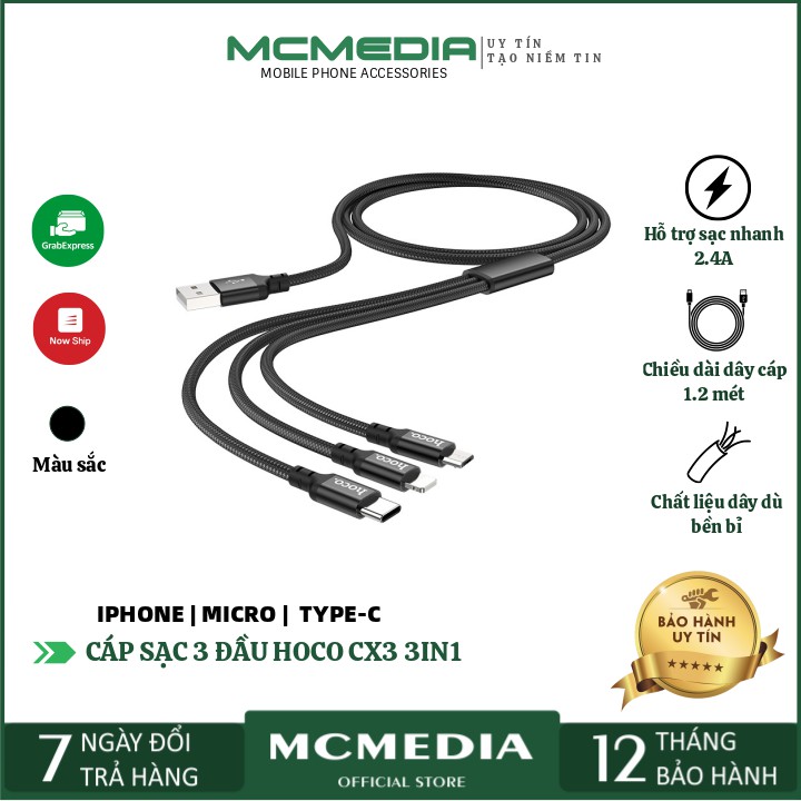 Cáp Sạc 3 Đầu 3 In 1 Hoco CX3 (Lightning + MicroUSB + Type-C) Sạc Nhiều Thiết Bị Cùng Lúc