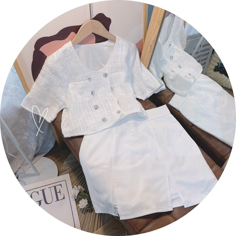 SET ÁO DẠ NÚT + CHÂN VÁY TRẮNG XẺ