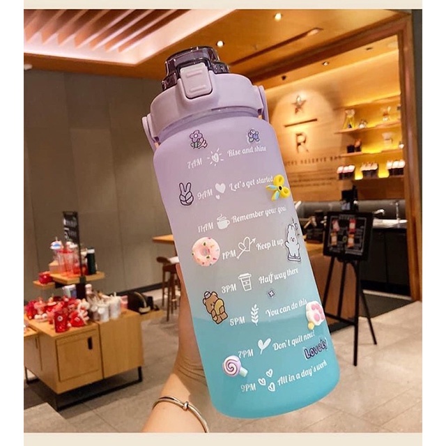 Bình Để Nước 2 Lít Dành Cho Người Lười Có Ống Hút, Vạch Chia Nhắc Giờ