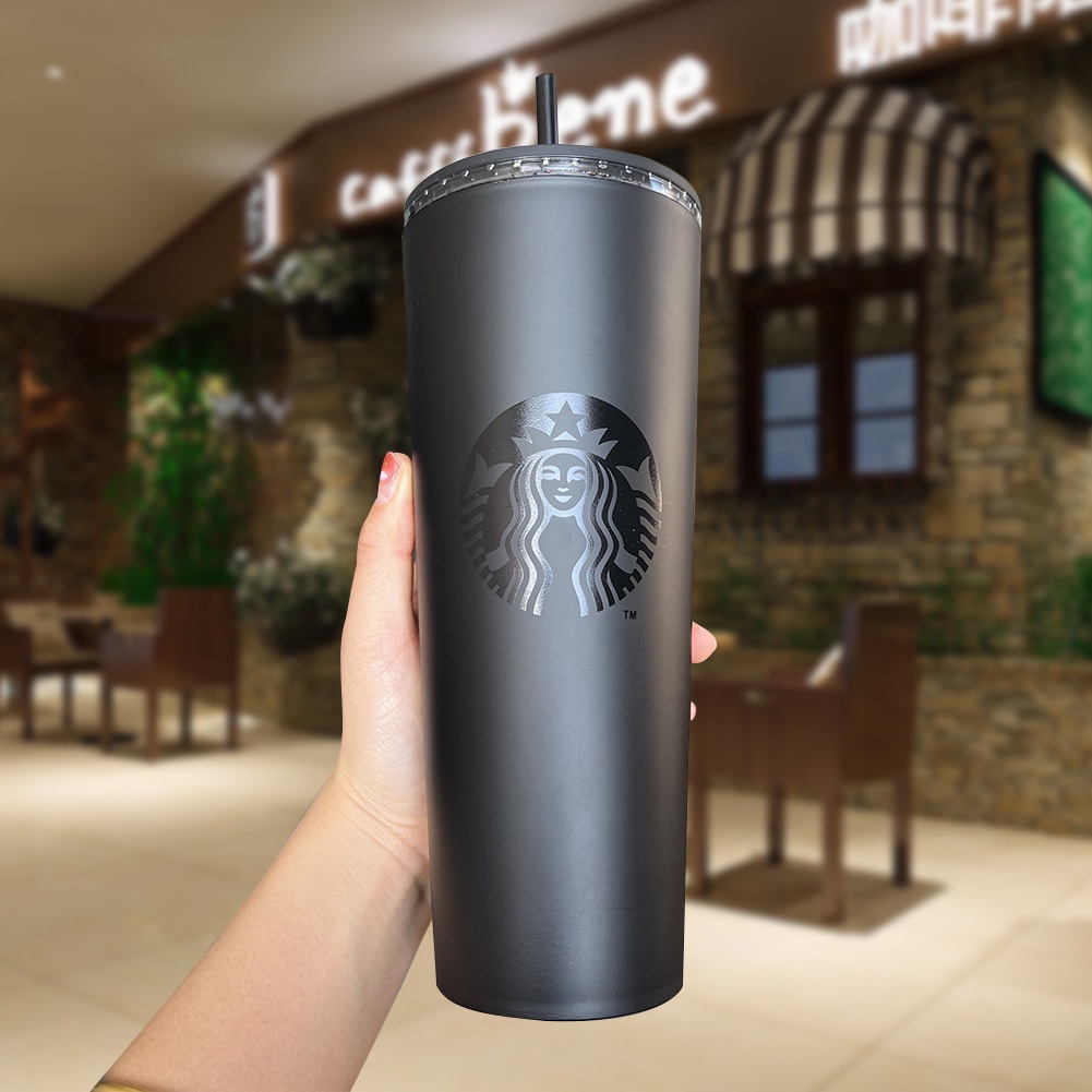 473Ml/710Ml 2 Lớp Mờ Đen Starbucks Ly Nhựa Có Nhựa Ống Hút