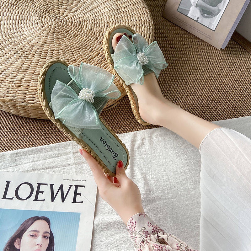 Dép Đi Biển Đế Bệt Đính Nơ Và Ngọc Trai Phong Cách Mới