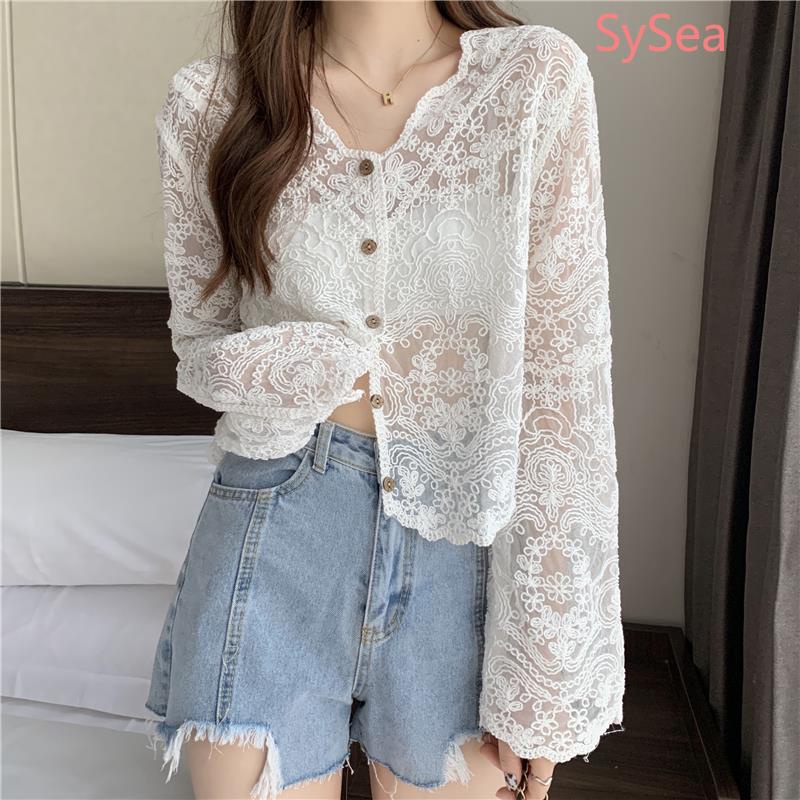 Áo kiểu tay dài cổ chữ V phối ren gợi cảm thời trang dành cho nữ