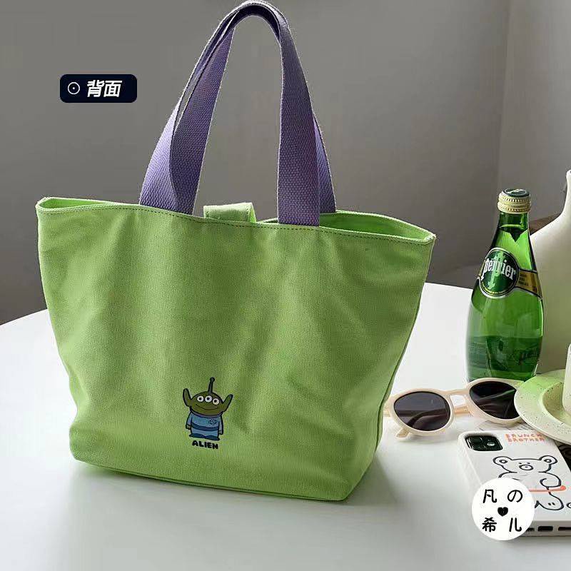 Túi canvas đựng hộp cơm trưa đeo 1 bên vai cỡ nhỏ họa tiết hoạt hình màu xanh lá phong cách Nhật Bản dễ phối đồ cho nữ
