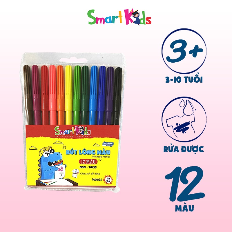 Bút lông màu Smartkids WM01 12 màu. Dành cho bé từ 4 tuổi - 10 tuổi. Màu sắc tươi sáng, cường độ màu cao, bền màu